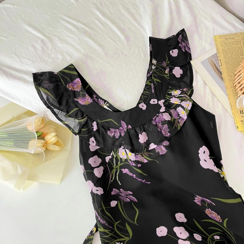 Francouzské Sexy Květinové Šaty na Ramínka Bez Rukávů Elegantní Stahující Pas Léto 2025 Přiléhavé Šaty Vintage Móda Černé Šaty