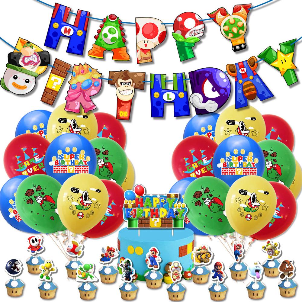 Super Mario Birthday Party Supplies Includes Banner, Cupcake Toppers, Balloons
