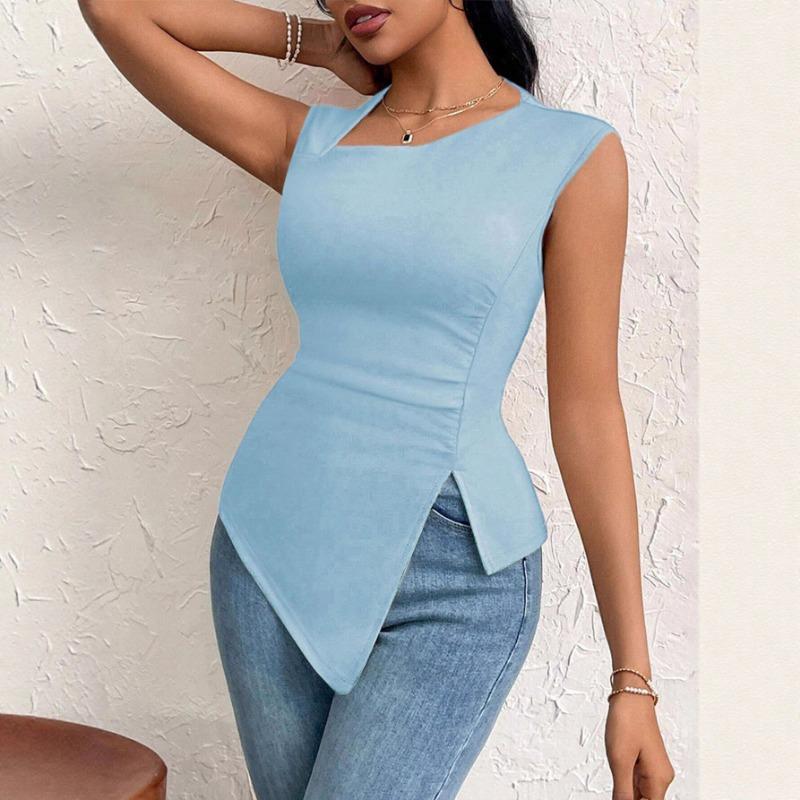 Women's Elegant Style T-shirt Spring and Summer New Slope Collar Slim Short Solid Color Top