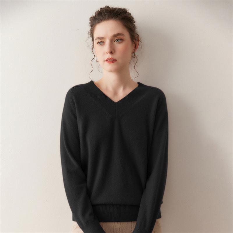 Lekasha Women's Cashmere V-Neck Sweater - Loose, Long-Sleeved Knit for Autumn & Winter