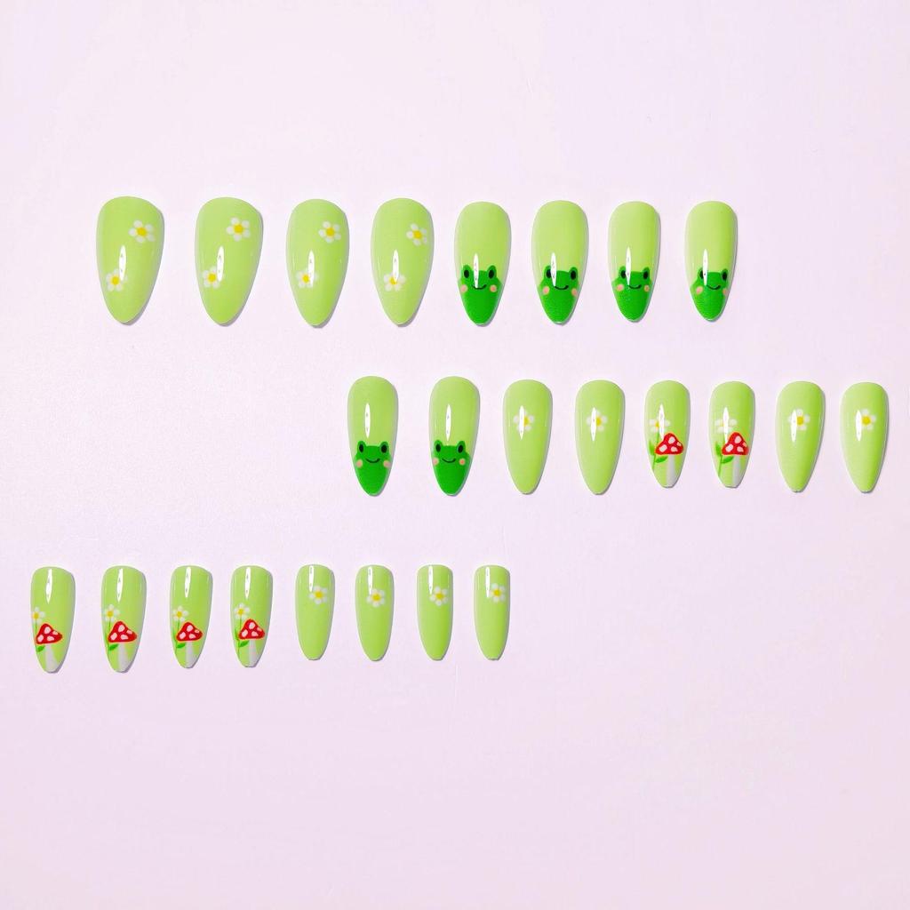 24-Piece Almond Shape Wearable Nails with Green French Tip, Frog, Cherry, Mushroom, and Star Art