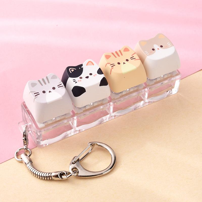1Pcs Cute Cat Keyboard Fidget 4 Keys Creative Design Keycap Keyring Finger Button Kawaii Mechanical Keyboard Keychain