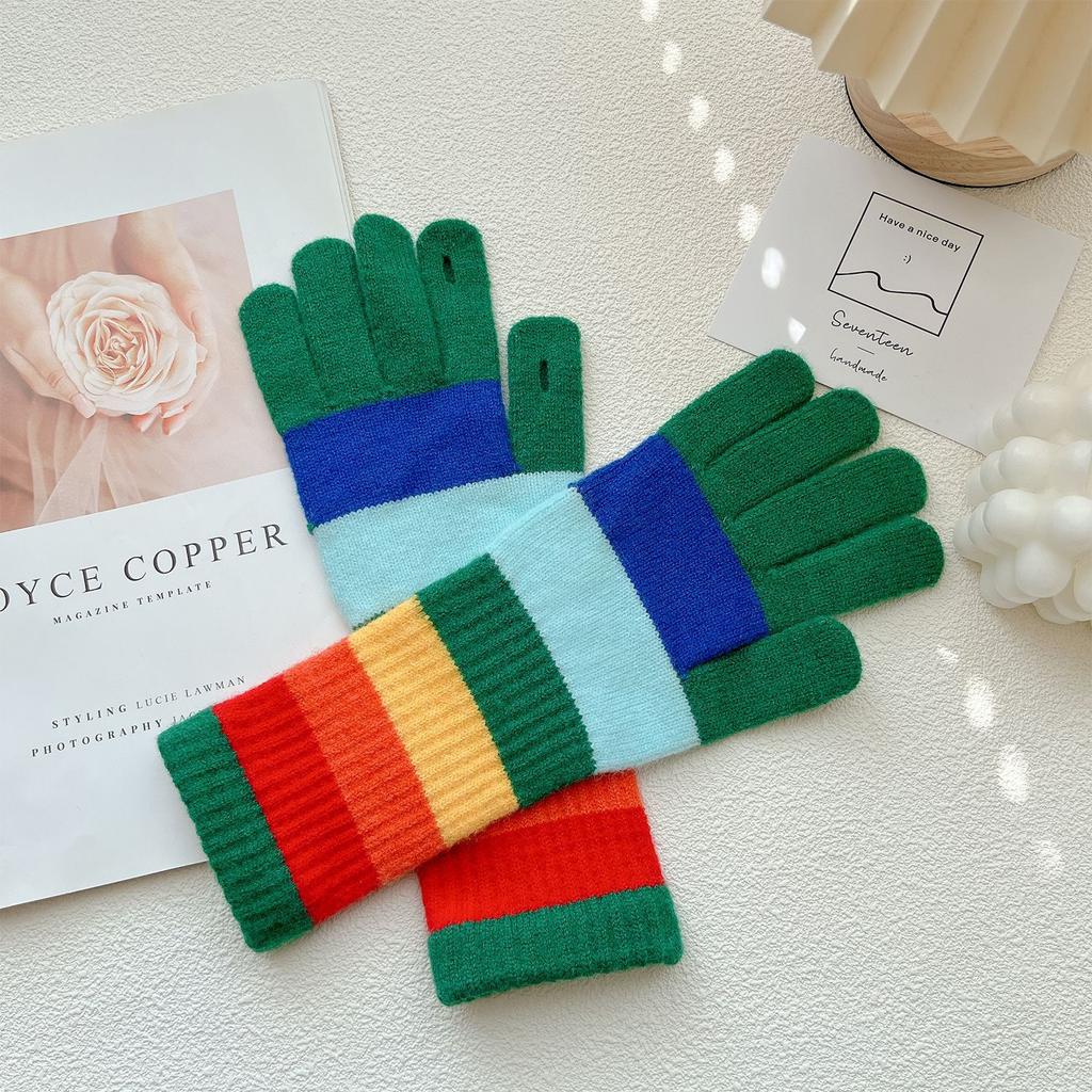 Korean New Rainbow Gloves for Women In Winter Warm Wool Half Finger Gloves American Street Fashion Versatile Cycling Trend