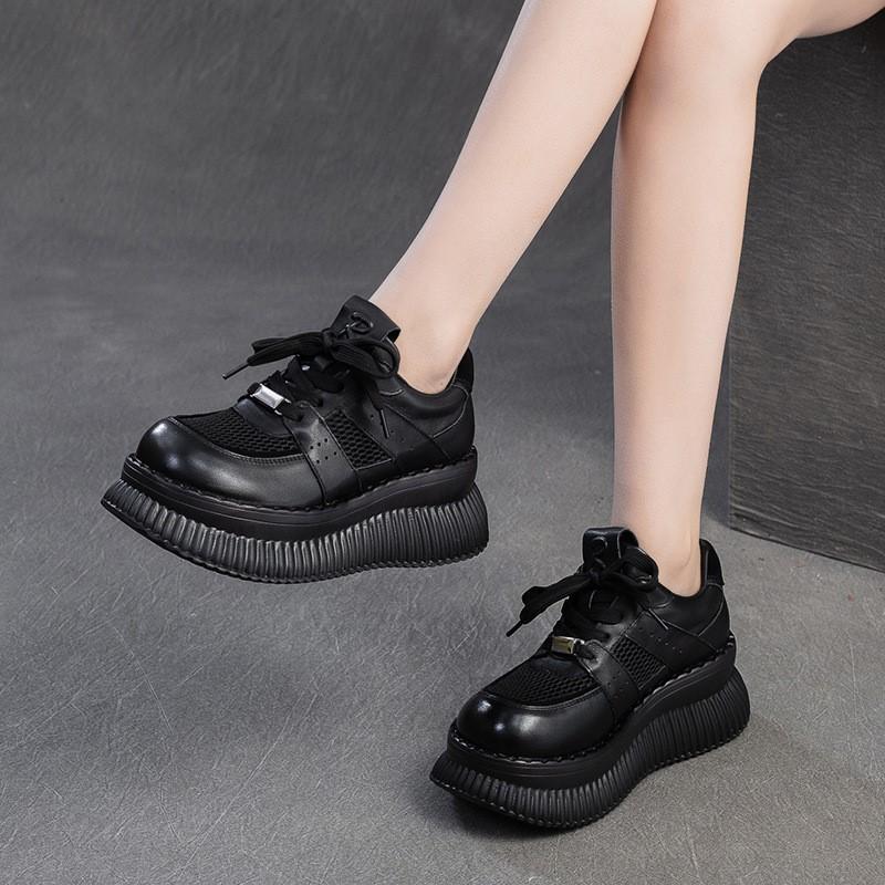 Fashion GKTINOO 2025 Spring New Thick Soled Increased Height Genuine Leather Splicing Breathable Mesh Women's Flat Platform Shoes