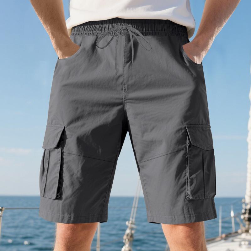 Summer Loose Men's Safari Style Shorts Multi Pockets Casual Loose Fit Straight Elastic Waist Beach Shorts