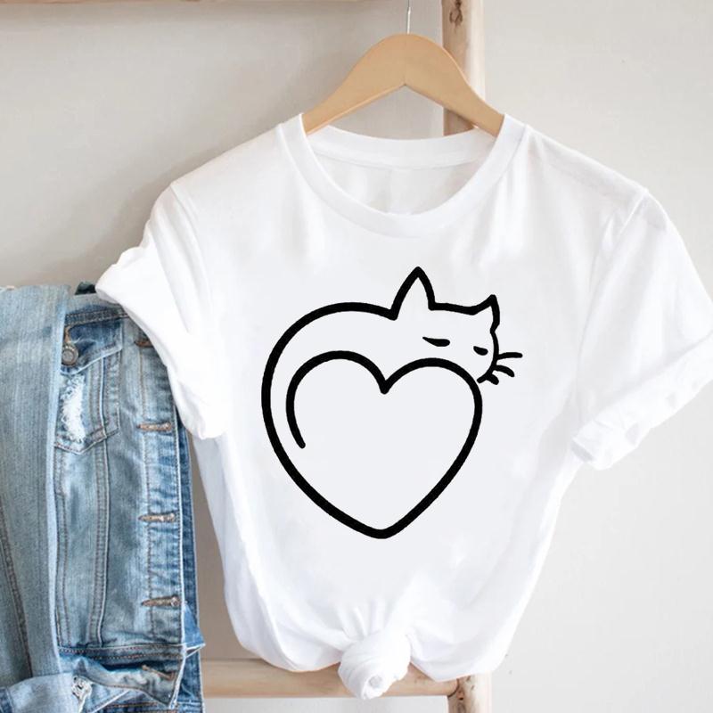 Summer Cat Women Short Sleeve Print Tee Top Love Cute Style Fashion T-shirt  Lady Female Clothing Casual Graphic T-shirt