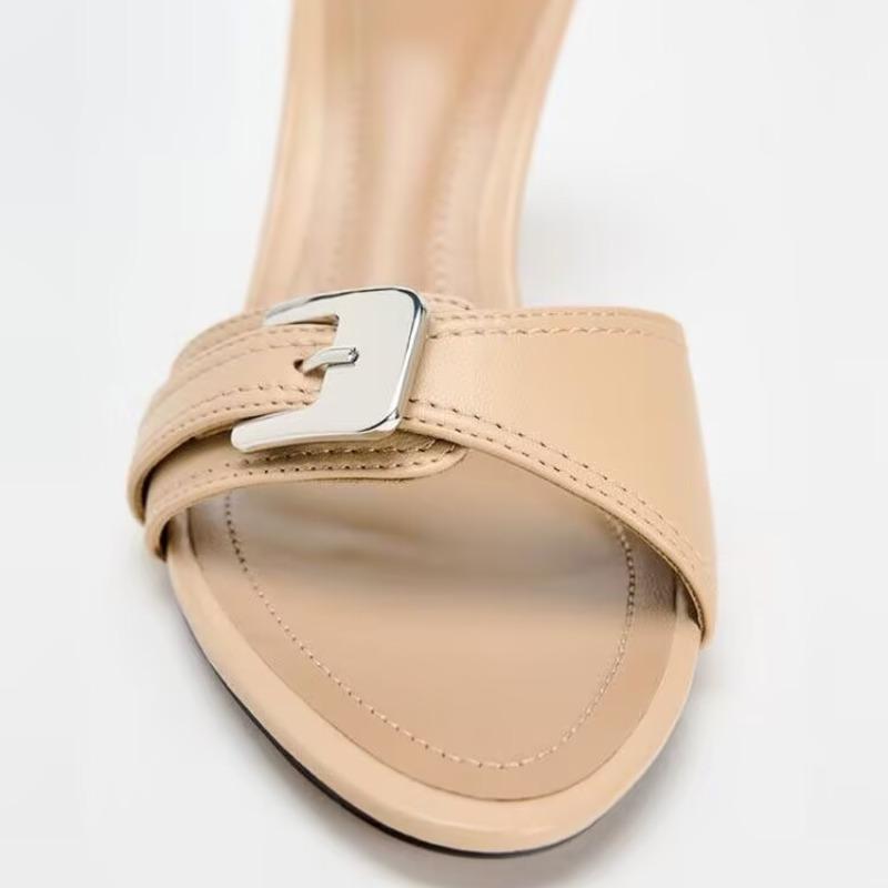 Fashion 2025 Summer Women's High Heeled Shoes Buckle Strap Decoration Outdoor Open Toe Slip on Stiletto Elegant Female Mules Sandals