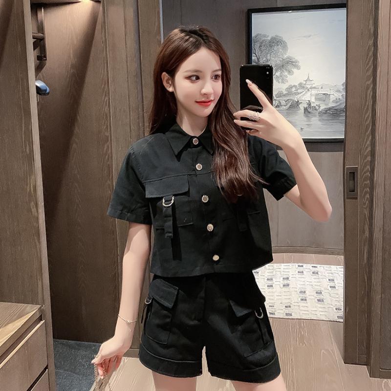 

Жіночий костюм Літній костюм Карго Жіночі короткі комплекти Мода в корейському стилі Елегантні відповідні набори Повсякденні набори з 2 предметів XL чорний