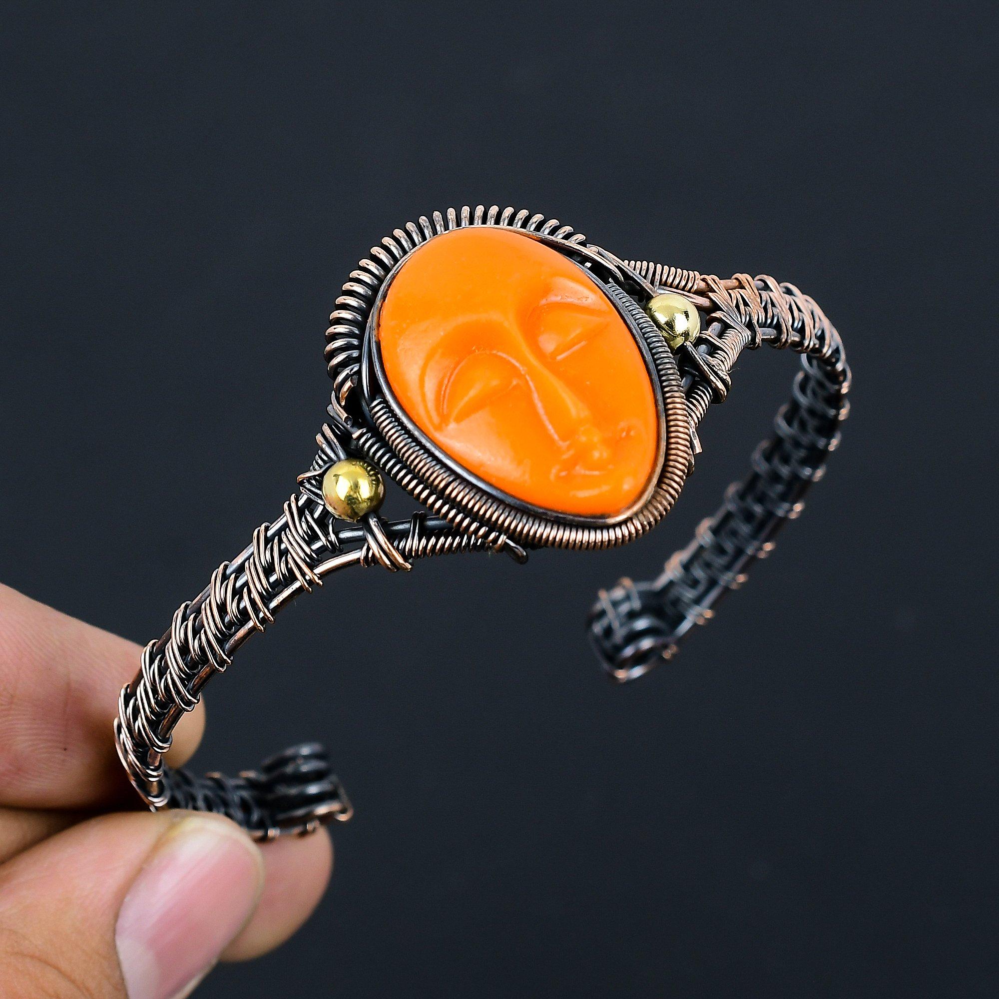 

Оранжевая молящаяся леди, резное костяное лицо, браслет ручной работы новейшего дизайна, браслет из драгоценного камня, обернутый медной проволокой 999 пробы, подарок для сестры 2.55 Inches