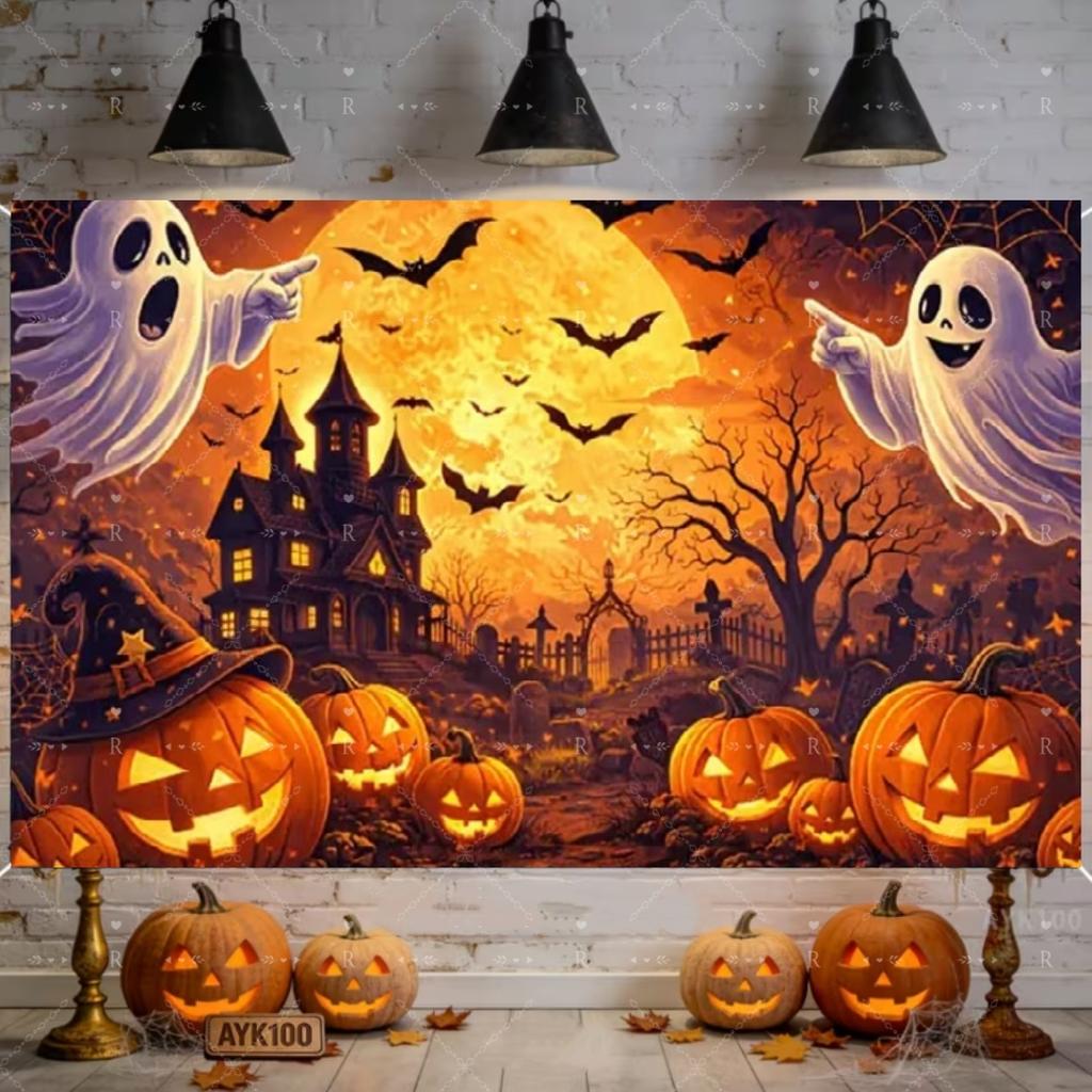 Halloween Decor Supplies Banner Spooky Graveyard Pumpkin Bat Skull Background Festival Party Decor Photography Backdrop Props475