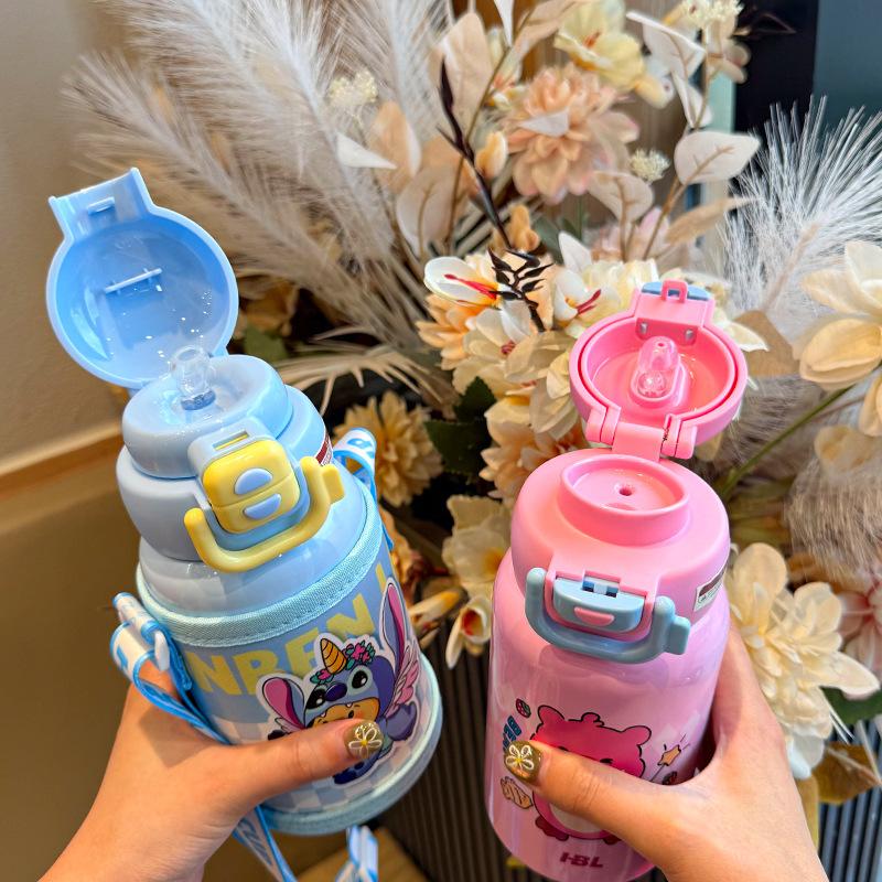 New Cartoon Double Drink Children's Thermos Cup High Value Large Capacity Portable Straw Cup Cute Student Thermal Insulation Water Cup