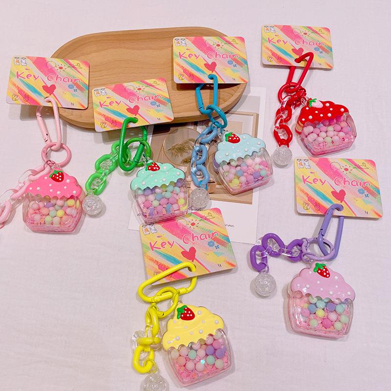 Cream Strawberry Ice Cream Pendant, Cute Flowing Sand Oil Keychain, Creative Small Accessory, Bag Pendant
