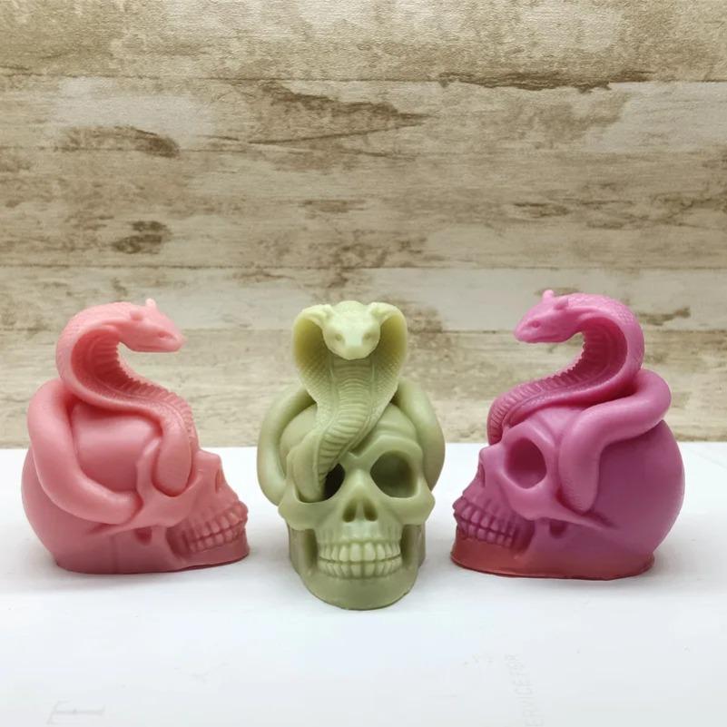 Halloween Snake Skull Candle Silicone Molds 3D Skull Snake Shape Crafts Gypsum Resin Decoration Art Mold 2025 Halloween Gift