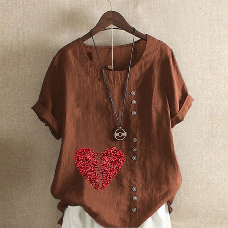 Women's Fashion Red Love Prined Short Sleeve T-shirt Loose Cotton Shirt Casual Loose Summer Blouse Tops Plus Size