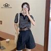 Ice Silk Stripe Polo Neck Short Sleeve T-shirt Women Summer New Casual Cropped Knit Top