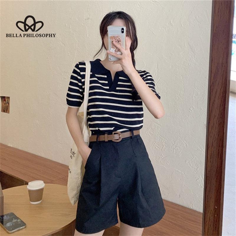 Ice Silk Stripe Polo Neck Short Sleeve T-shirt Women Summer New Casual Cropped Knit Top
