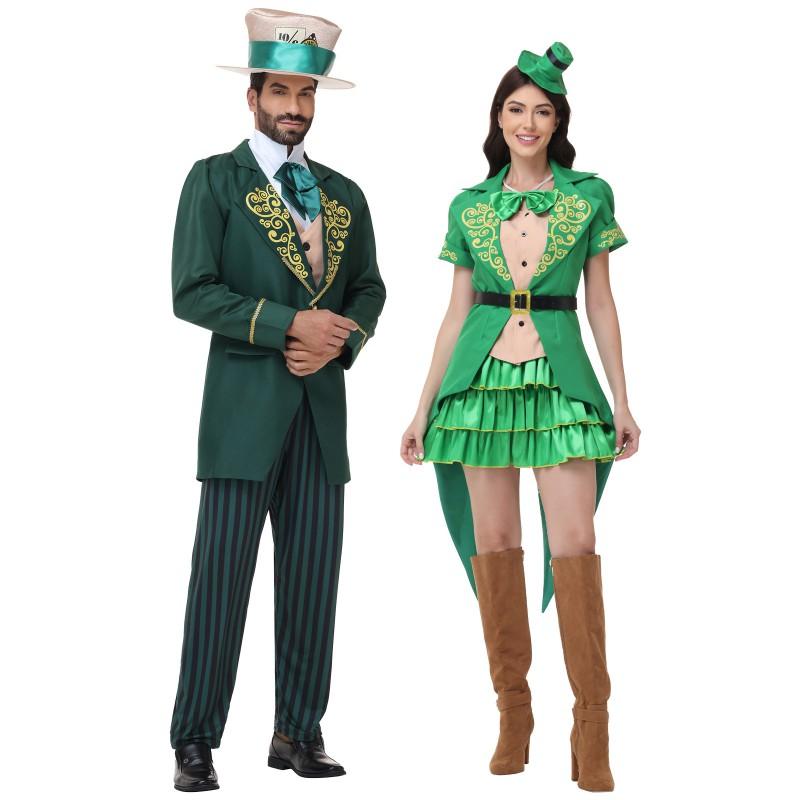 Halloween Vintage Wizard Of Oz Mad Hatter Couple Costumes Irish Lucky Green Elf Stage Outfits