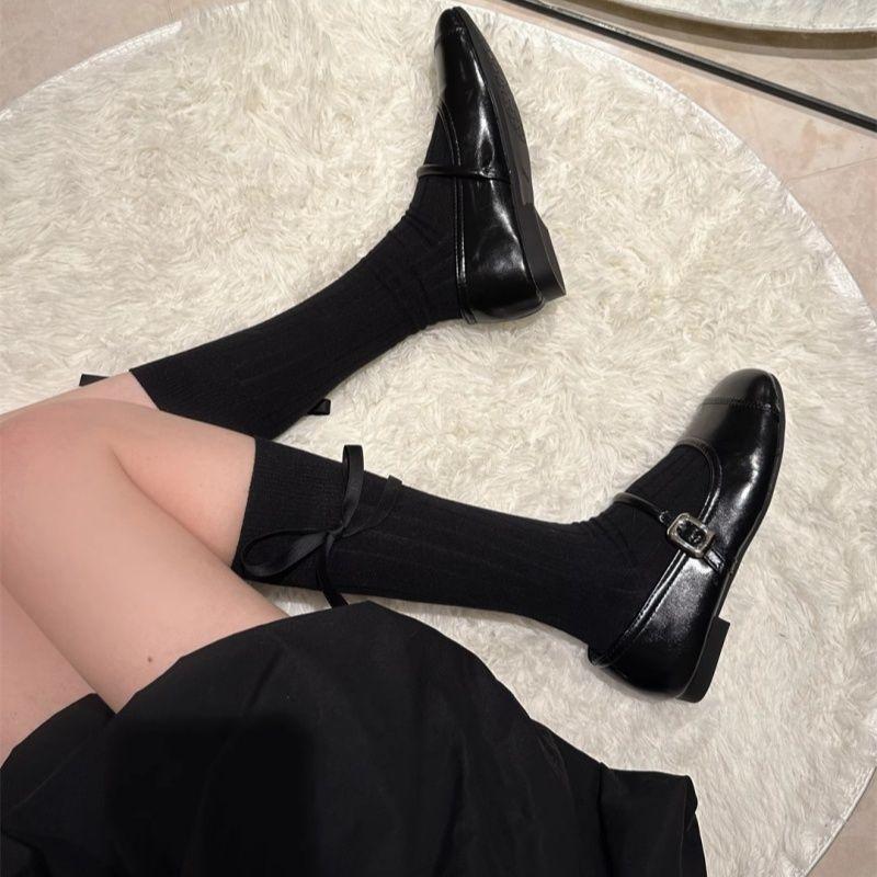 French-Style Ballet Ribbon Bowknot Socks for Women | Summer Thin Solid Color Vertical Stripe Calf Slouch Socks in Gray