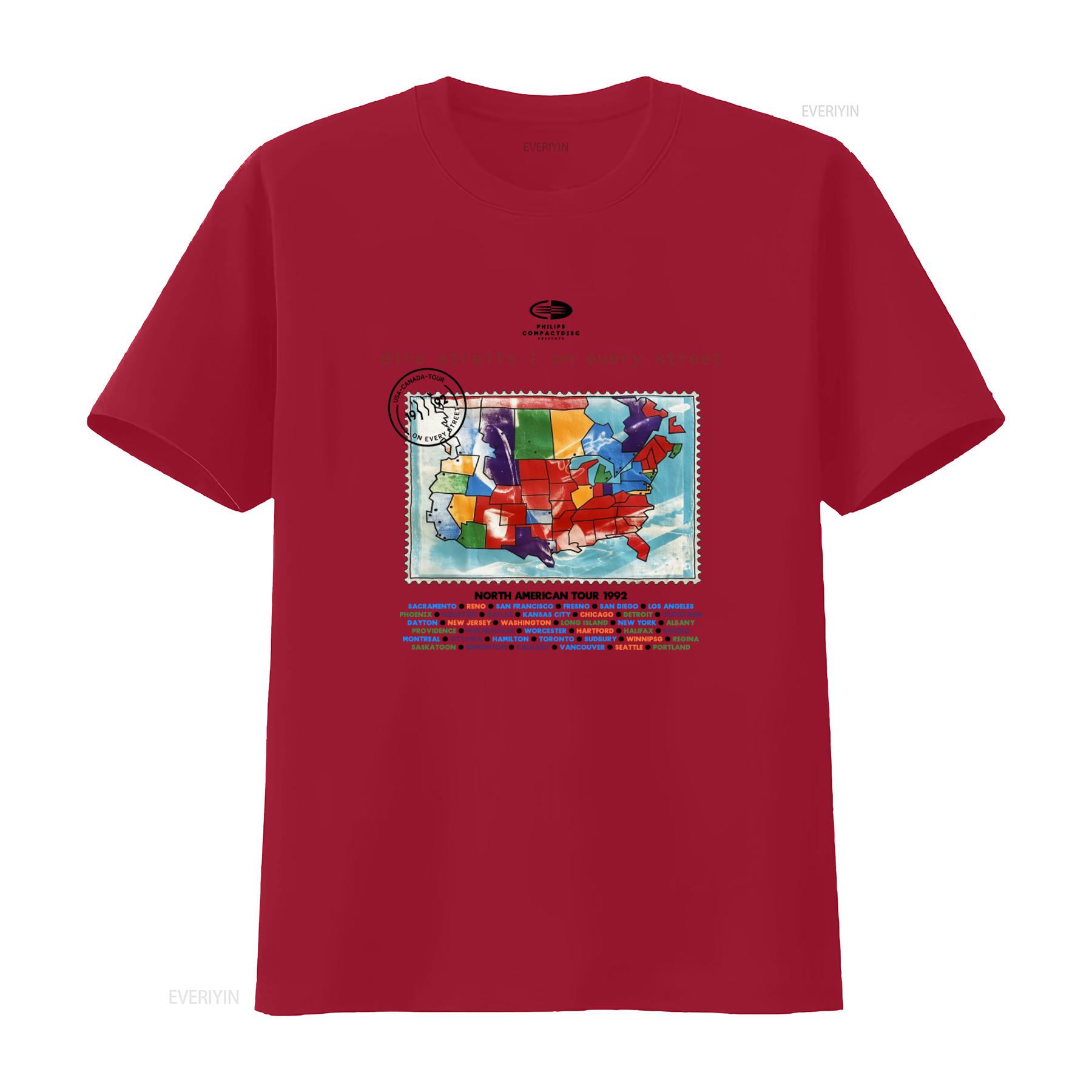 

1992 Dire Straits on Every Street Tour North American Map Design T shirt vintage Washed Stretched Casual streetwear Stylish S