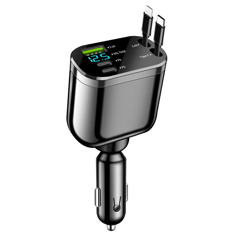 Five-in-One Car Charger with Digital Display and Retractable Cable, PD Fast Charging, and Cigarette Lighter Adapter
