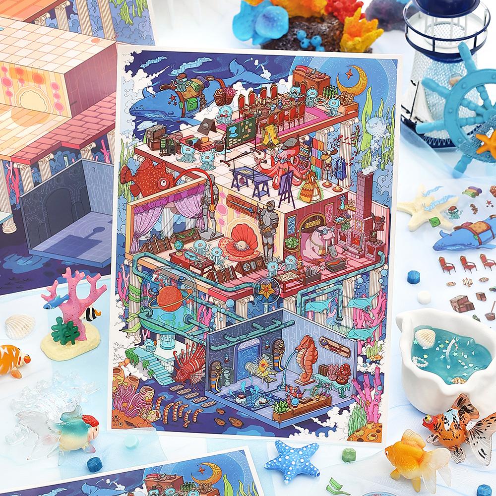 4 Folhas/Saco Série Negócios de Hoje Tema Aquário Adesivos Diorama 2.5D PET Para Scrapbooking DIY Moldura Decoração de Colagem