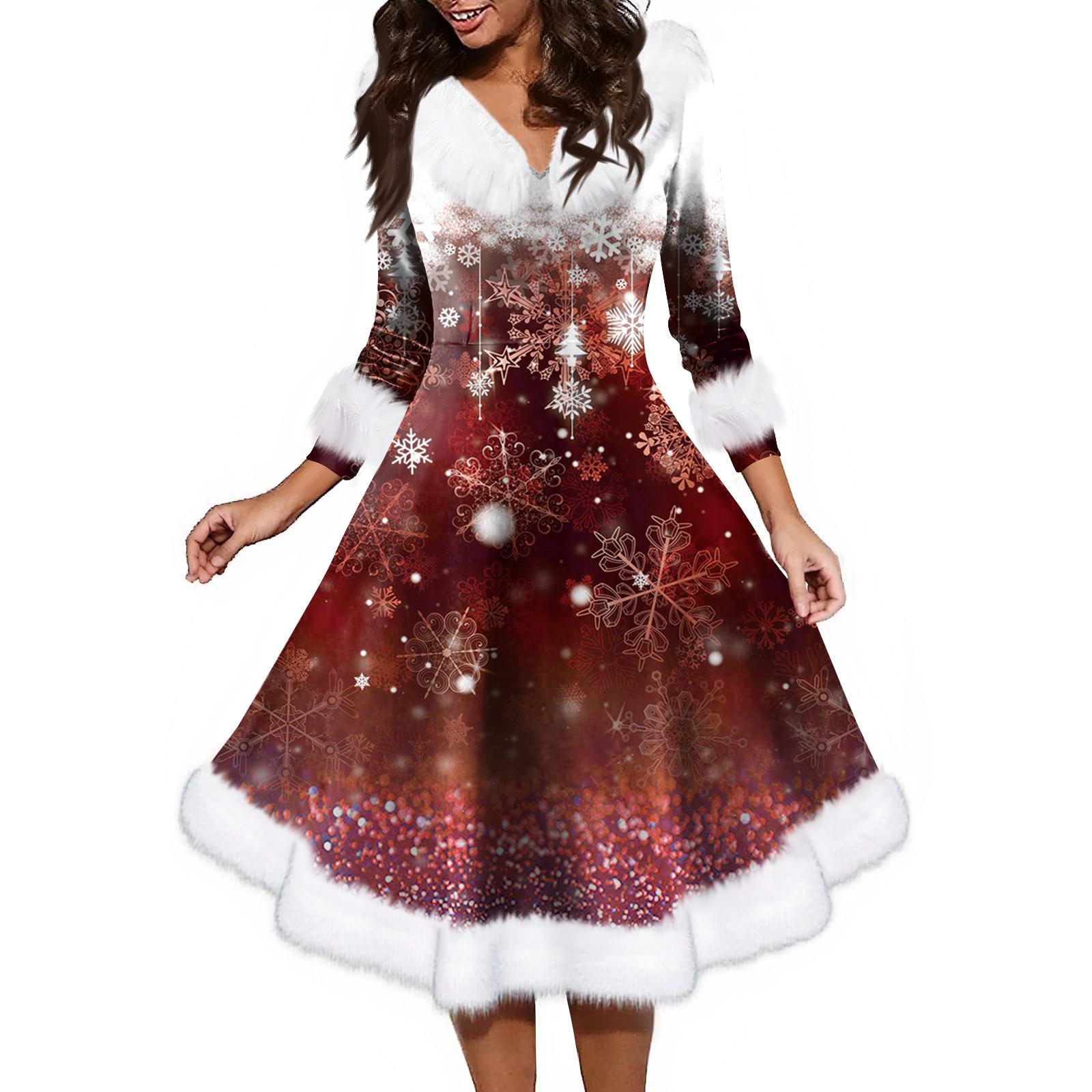 

Women s Fashion V-neck Casual Fit Christmas Print Party Long Sleeve Dress S