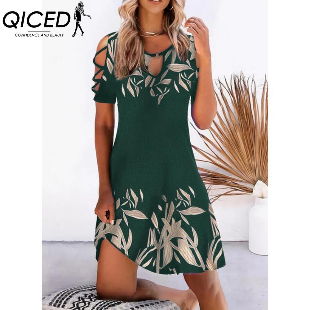 QICED 13 Color Women Floral Print Dress Summer Sexy Short Sleeve O-Neck Mini Dresses Female Vintage Elegant Dress