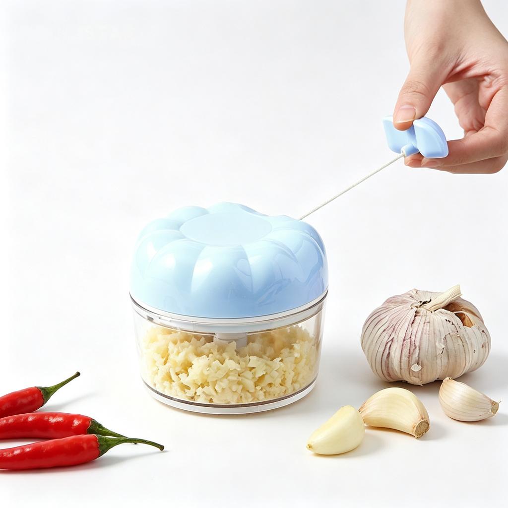 Pull String Manual Food Chopper, Garlic Onion Vegetable Mincer Grinder with Stainless Steel Blades, Hand-Powered Kitchen Seasoning Tool