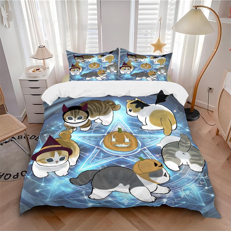 3pcs Halloween Spellbound Cats Quilt Cover Set - Soft and Cozy Bedroom, Guest Room and Dorm Decorative Bedding