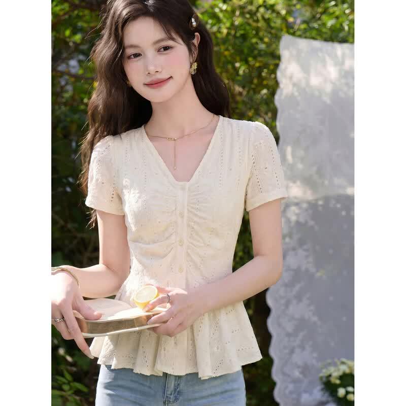 Women s Apricot V-Neck Slim Fit Short Sleeve Shirt S