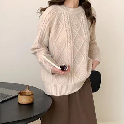 Vintage Twist Thickened Pullover Sweater Women's Autumn and Winter Solid Color Round Neck All-match Loose Knitted Sweater for Outer Wear
