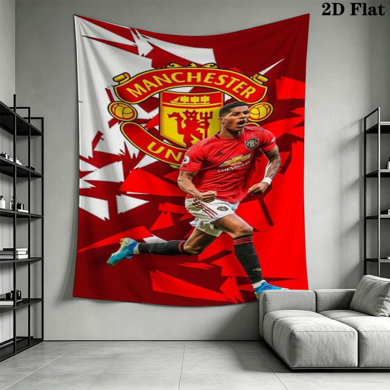 MUFC Honeycomb Background Tapestry, Manchester United Crest Wall Hanging Tapestry for Football Fan Wall Decor