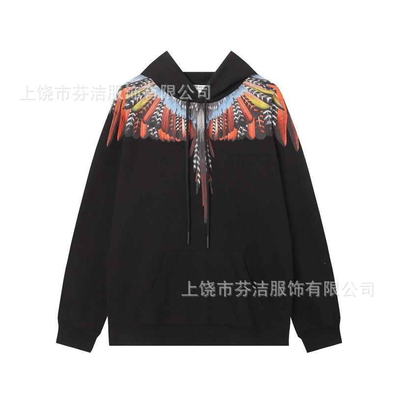 American street lightning wing print jacket men's and women's autumn and winter black loose shoulder heavy trendy hooded top