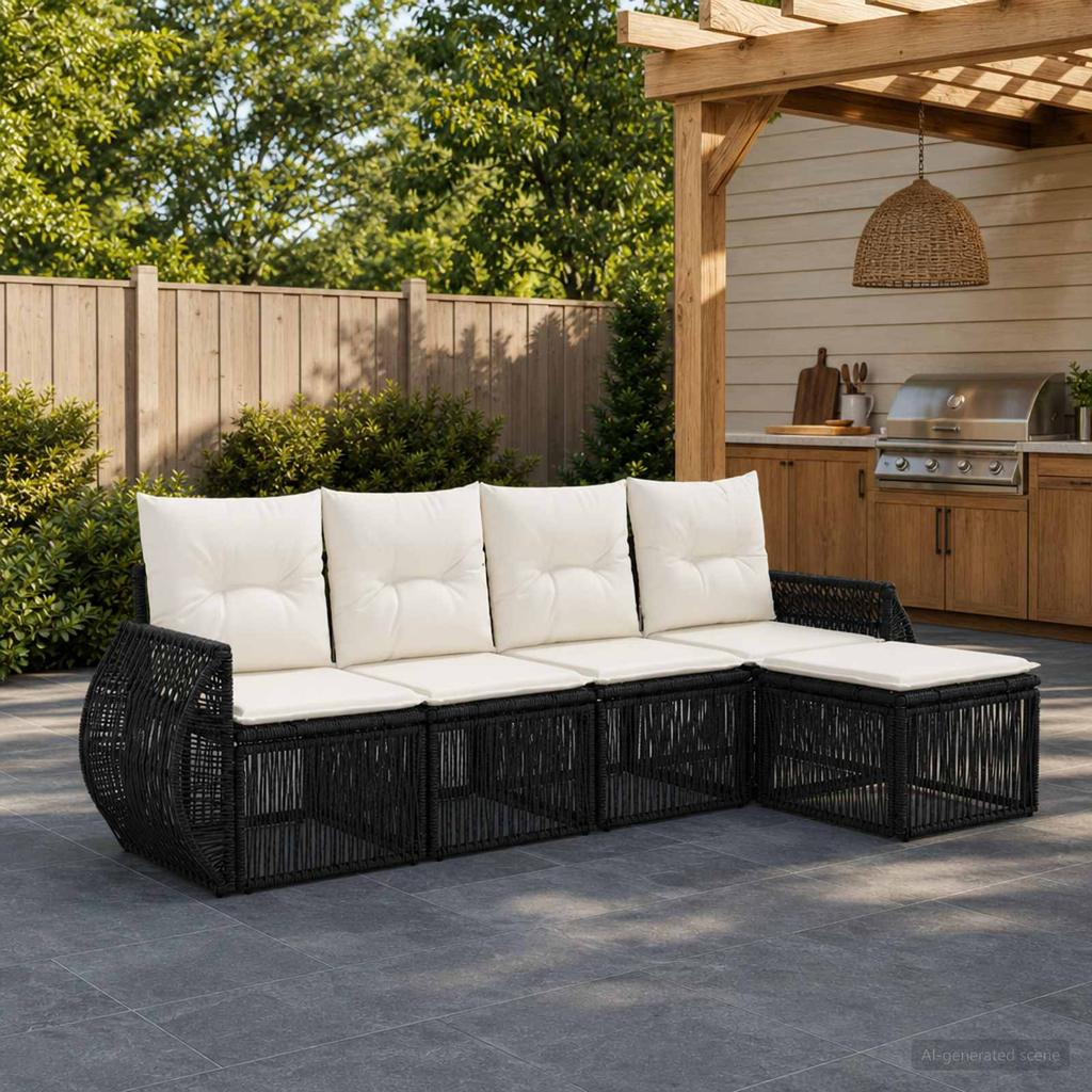 Garden Sofa Set 5 pcs Black and Cream White Poly Rattan