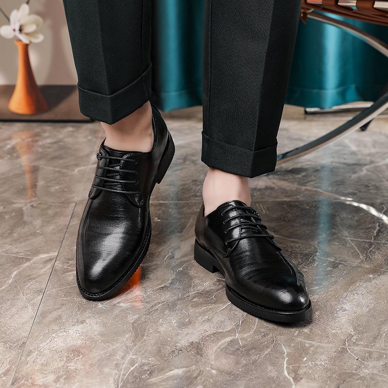 2025 new spring black Japanese and Korean pointed business dress leather shoes men's leather casual derby shoes lace-up trend