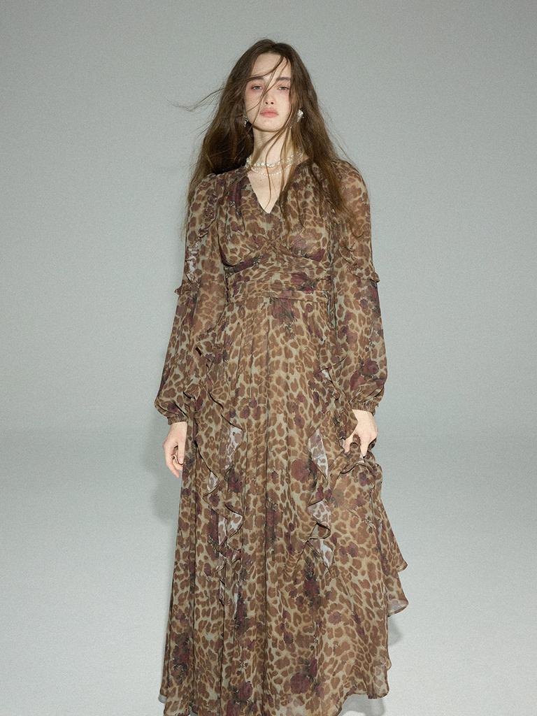 Sinseuden Leopard Rose Ruffle Long Dress