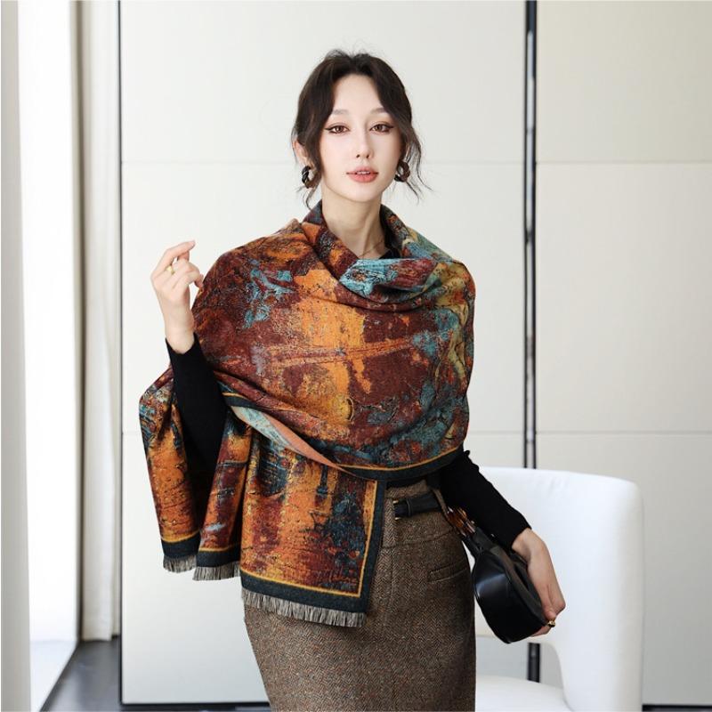 Street scene oil painting scarf women's retro versatile imitation cashmere jacquard shawl autumn and winter new thickened warm scarf