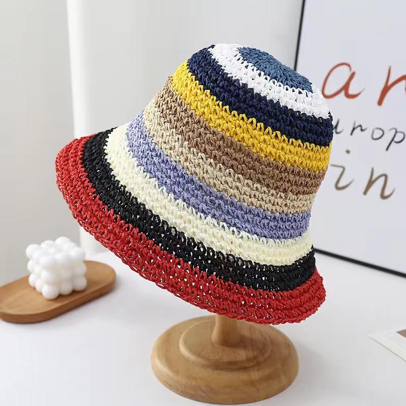Summer Sun Hat, Beach Sun Hat, Women's Woven Fisherman Hat, Rainbow Handmade Grass Hat