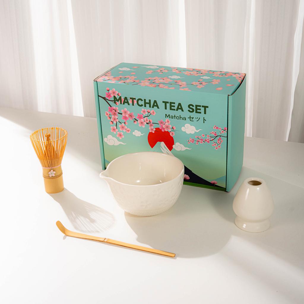 Japanese Matcha Tea Set With Cherry Blossom Pattern, Bamboo Whisk, Ceramic Matcha Bowl, Matcha Making Kit, Tea Utensils Set Gift