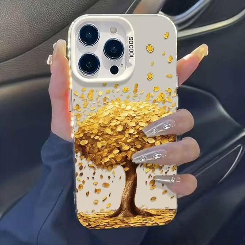 

Серебристый чехол с золотым деревом для Apple 17/16/15 Pro, 14 Pro Max, моделей 13/12. iPhone 16 Pro