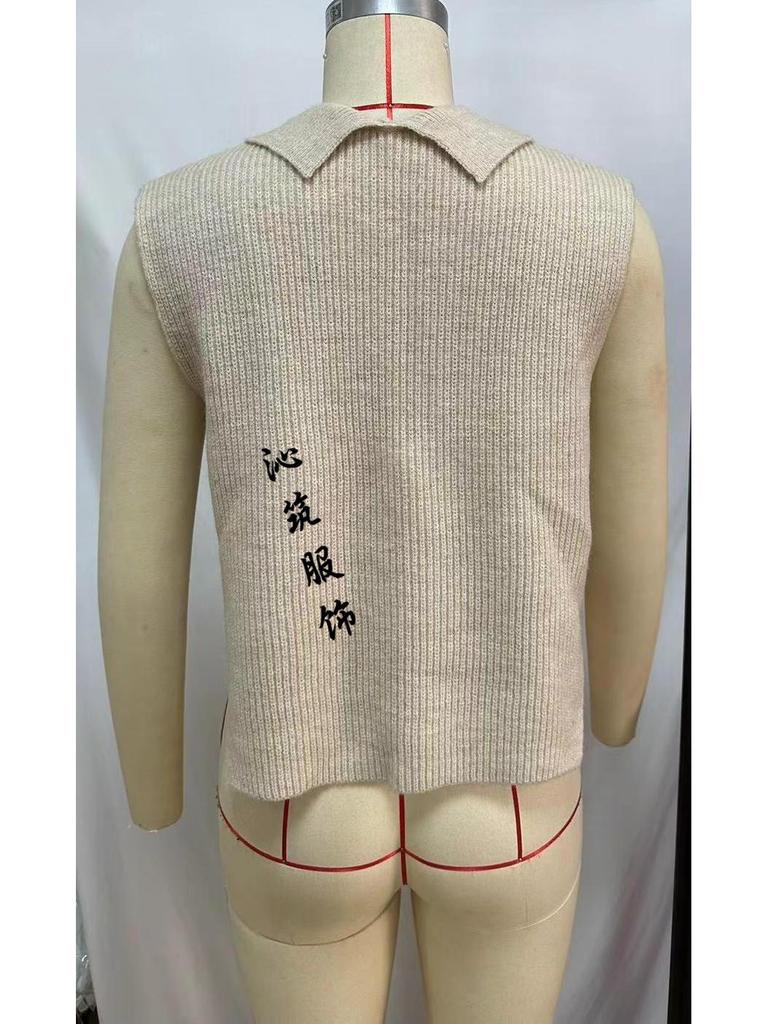 Women's High-End Deep V-Neck Knitted Sweater Tank with Turn-Down Collar