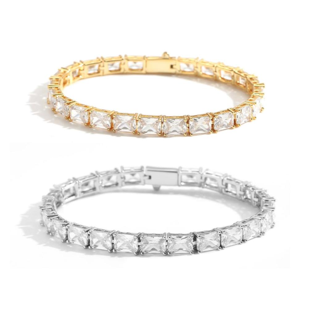 Rockyu Unisex Tennis Chain Bracelet with Cubic Zirconia, Square Cut, Gold and Silver Finish, 5mm Wide, 17.7cm Long, Simple and Sparkling Design, Unise
