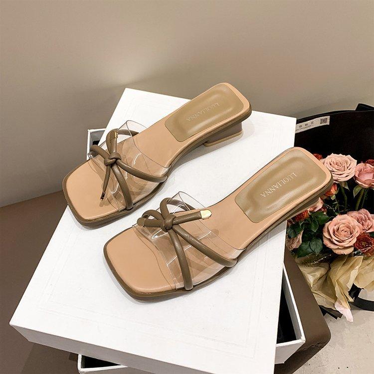 

2024 new fashionable square head, one word is not tired, feet are cool, slippers, bow thick heel high heels, femininity, outer wear 40 коричневий