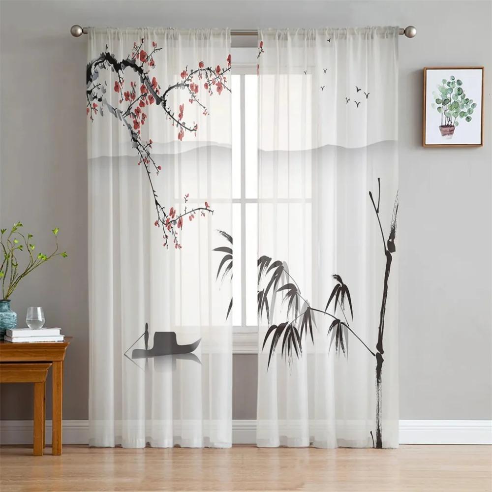 Plum Blossom Bird Chinese Style Tulle Translucent Drapes for Living Room Decoration Window Opening Drape for Bedroom Voile Organza Drapes
