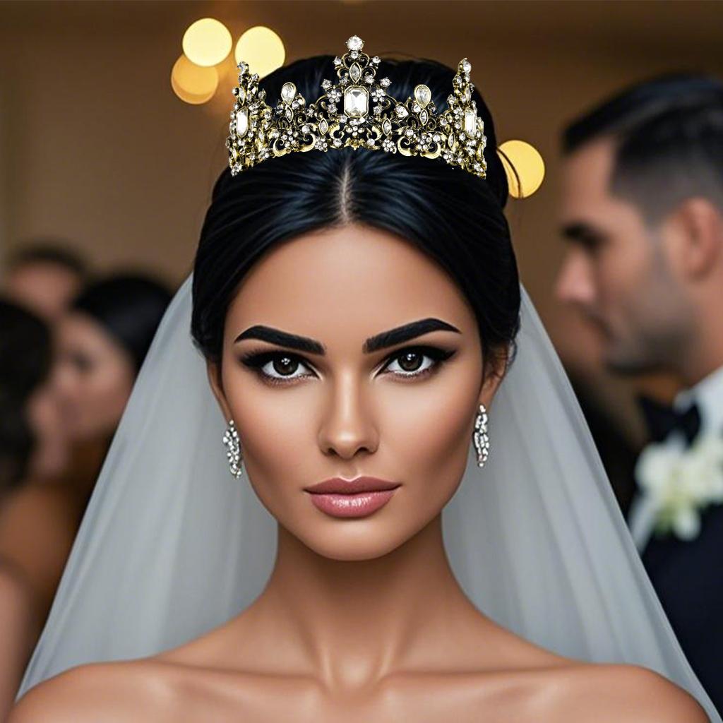Antique Golden Vintage Heavy Duty Round Crown Baroque Crystal Flower Crown Tiara for Women Refined Banquet HairBand