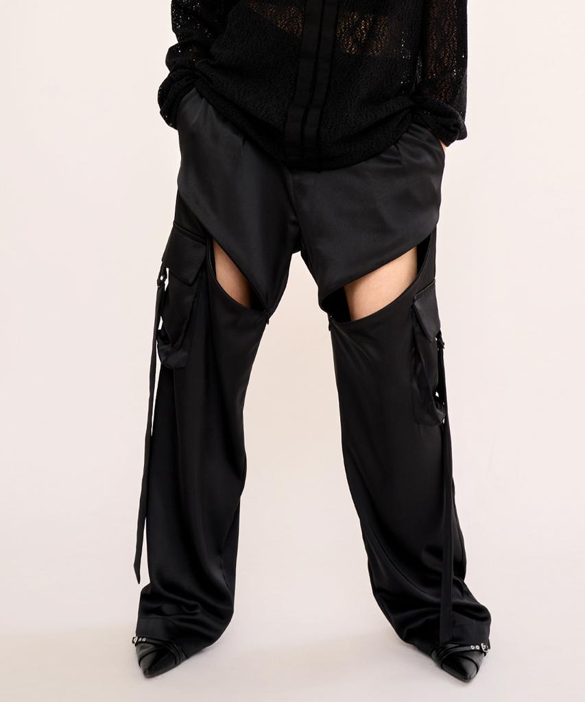 FANYOUNG Zip Slit Satin Wide Cargo Pants