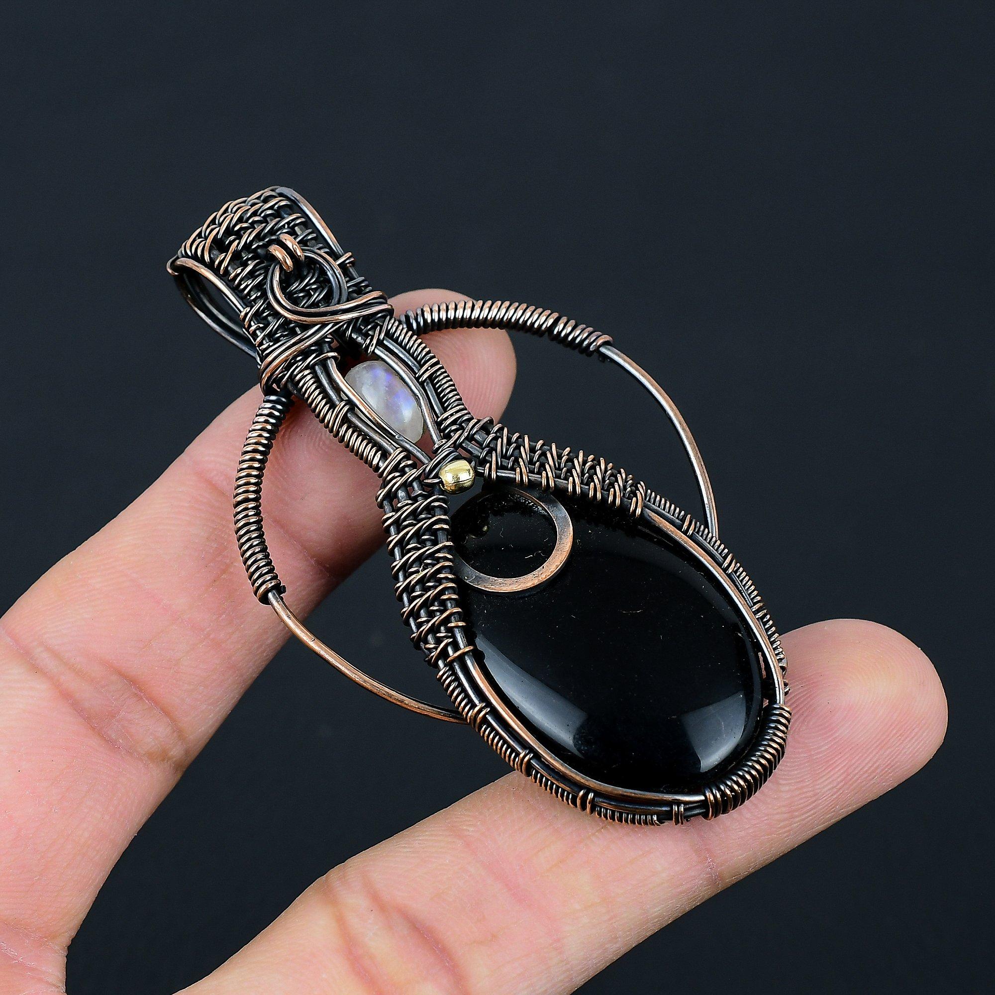 

Черный оникс и лунный камень, драгоценные камни, ювелирные изделия ручной работы из стерлингового серебра 925 пробы, прекрасный кулон для нее 2.95 Inches чёрный