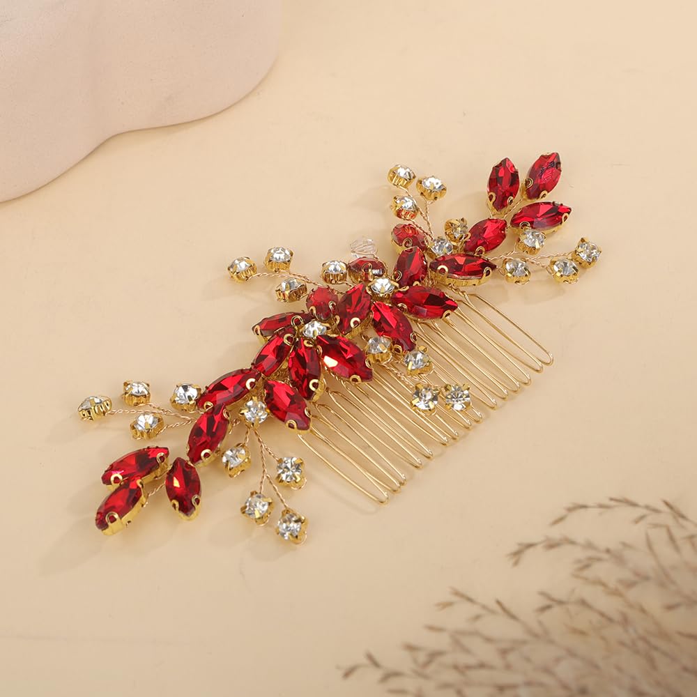 Red Rhinestones Side Headpiece for Women Handmade Hair Comb with Crystal Handmade Long Hair Accessories (Red)