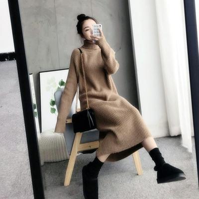 Autumn and Winter Lazy Style Long-sleeved Knitted Dress, Long Turtleneck Pullover, Thick Sweater Skirt, Women's Bottoming Shirt