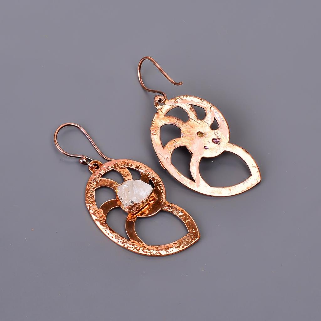 Rainbow Moonstone Stone Copper Electroformed Dangle Mother Gift Earrings Jewelry V-106